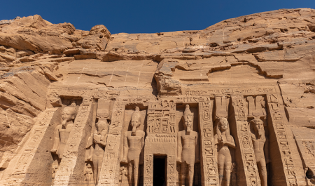 Colossal statues of Ramses II at Abu Simbel overlooking Lake Nasser