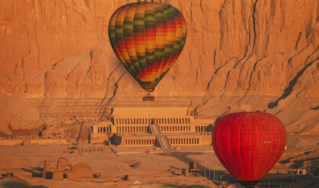 Panoramic sunrise view over the Nile Valley from a balloon above Luxor